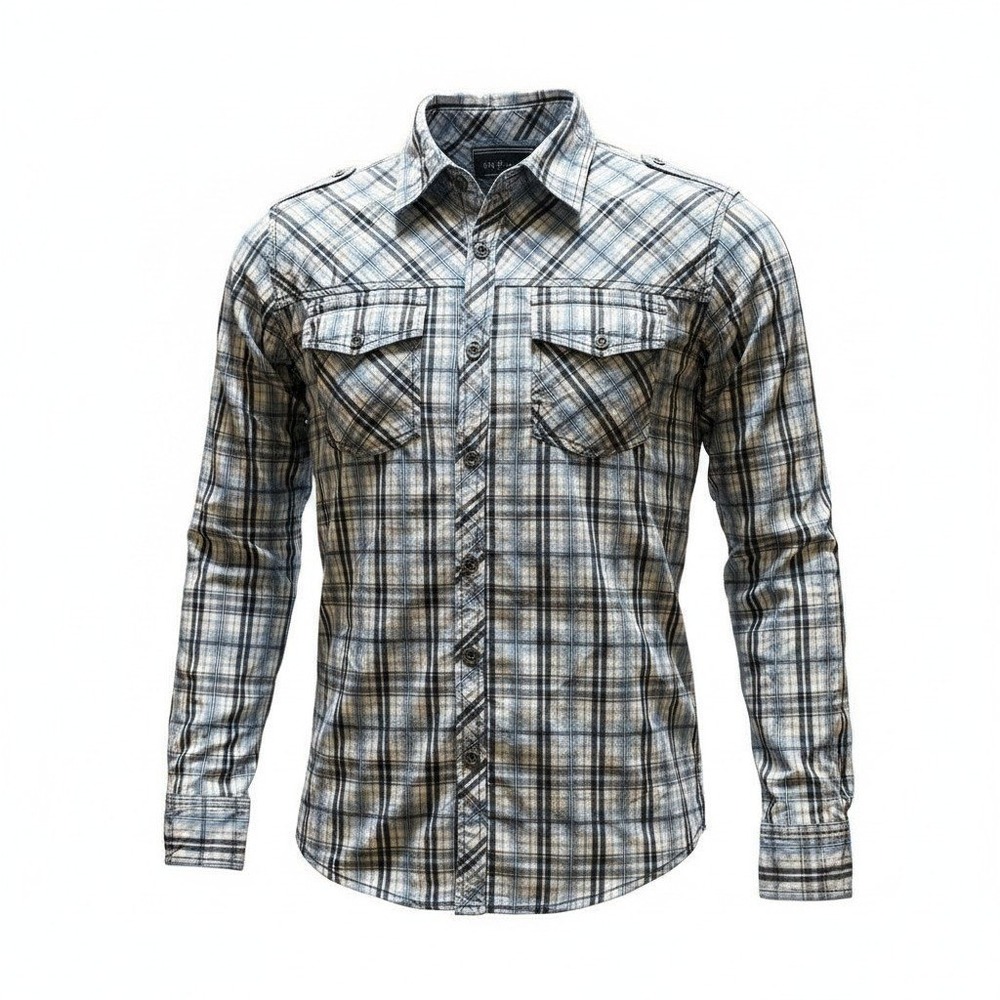 Nuco Button Up Shirt Men Medium Blue Plaid Military Epaulette Utility Gorpcore